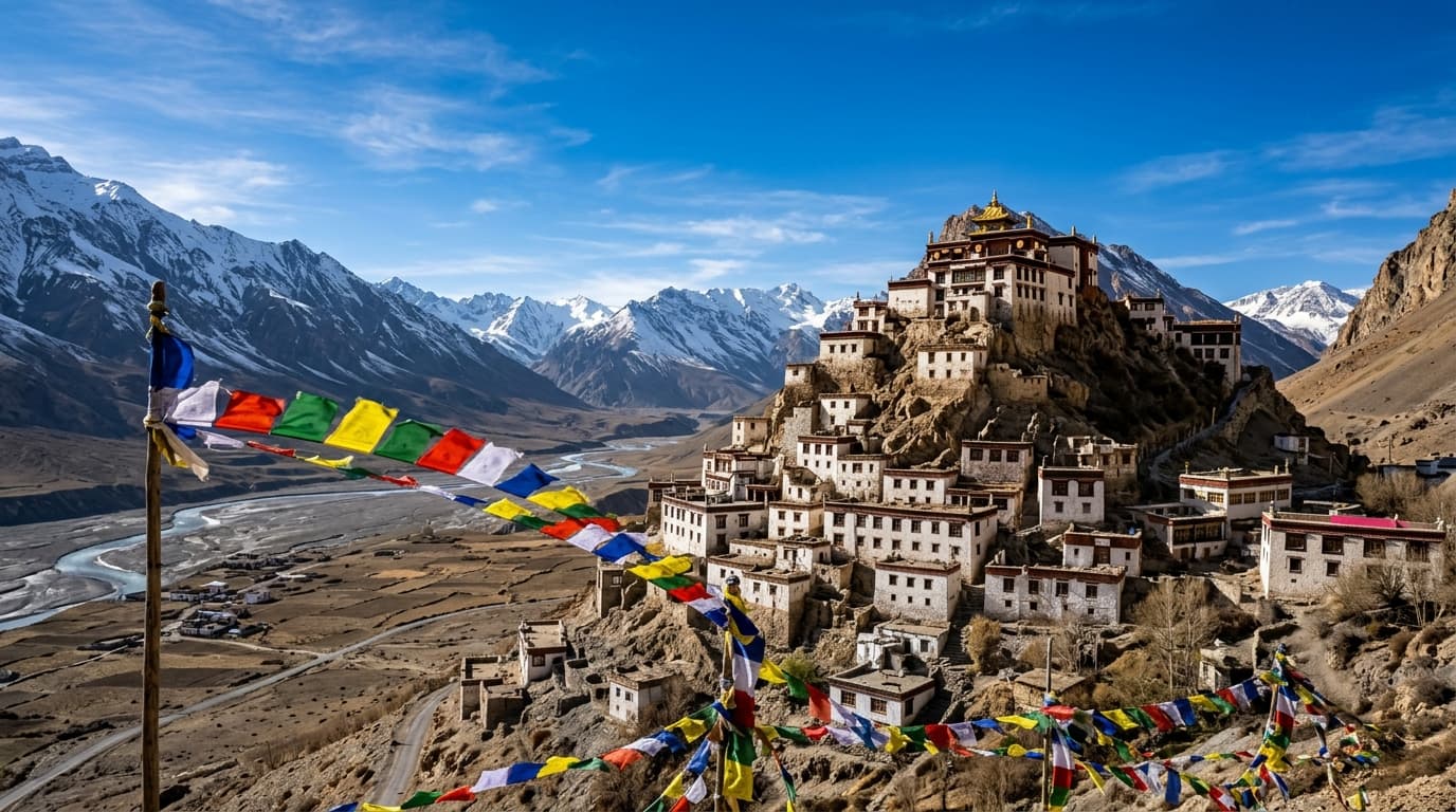 Key Monastery Spiti Valley perched on conical hill with Tibetan prayer flags