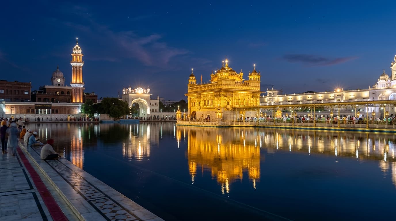 Golden Temple Amritsar illuminated at night with Himachal winter mountain group tour